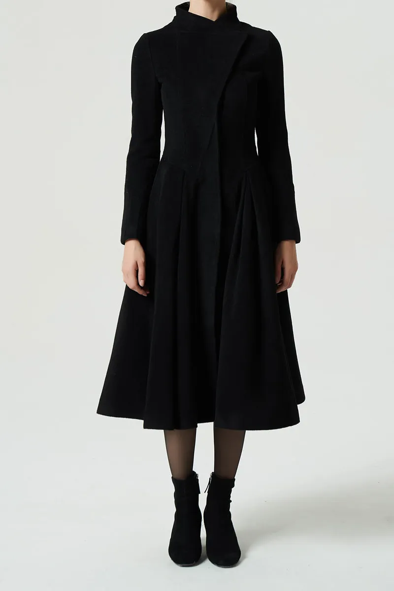 Wool Blend Fit and Flare Stand Collar Pleated Pocketed Midi Coat