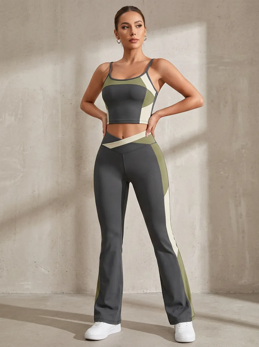 Colorblock Crossover Waist Flare Active Set
