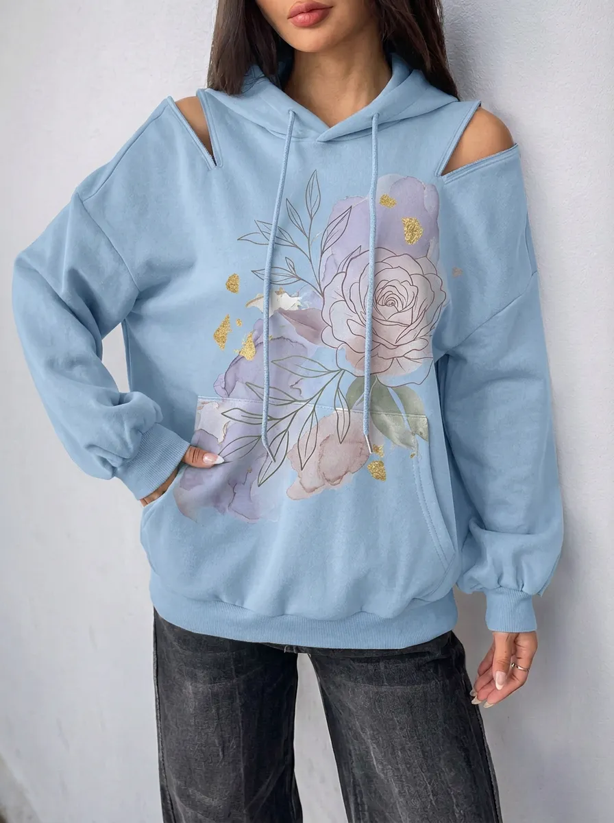 Women's Floral Watercolor Gold Foil Printed Cold Shoulder Hoodie