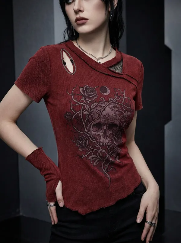 Moonlit Skull Rose Moon Profile Women's Gothic T-Shirt