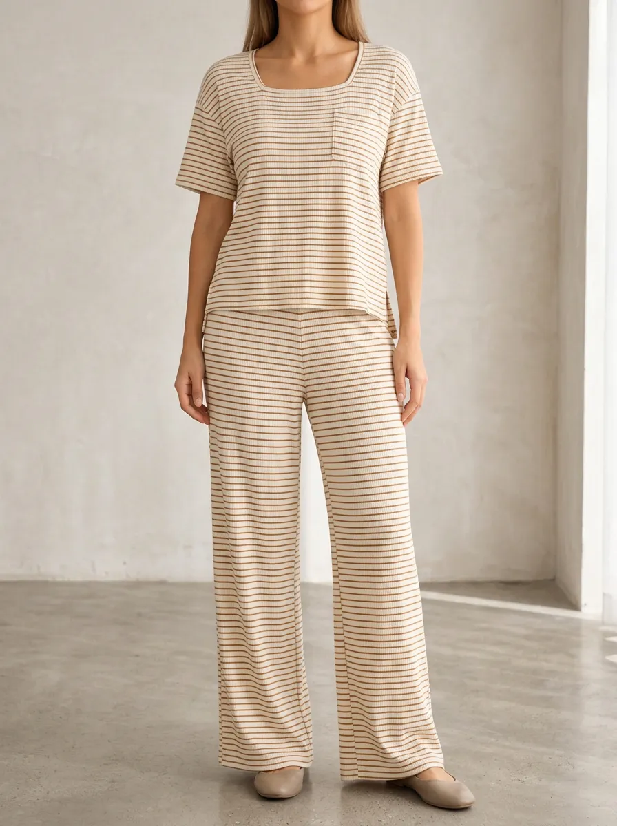 Women's Minimal Lounge Striped Ribbed Patterned Wide Leg Pants Set