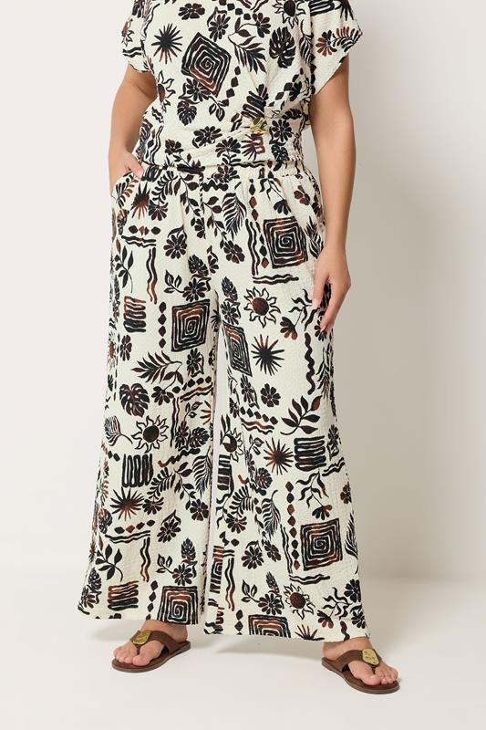 Natural Brown Summer Print Crinkle Wide Leg Trousers detail 1