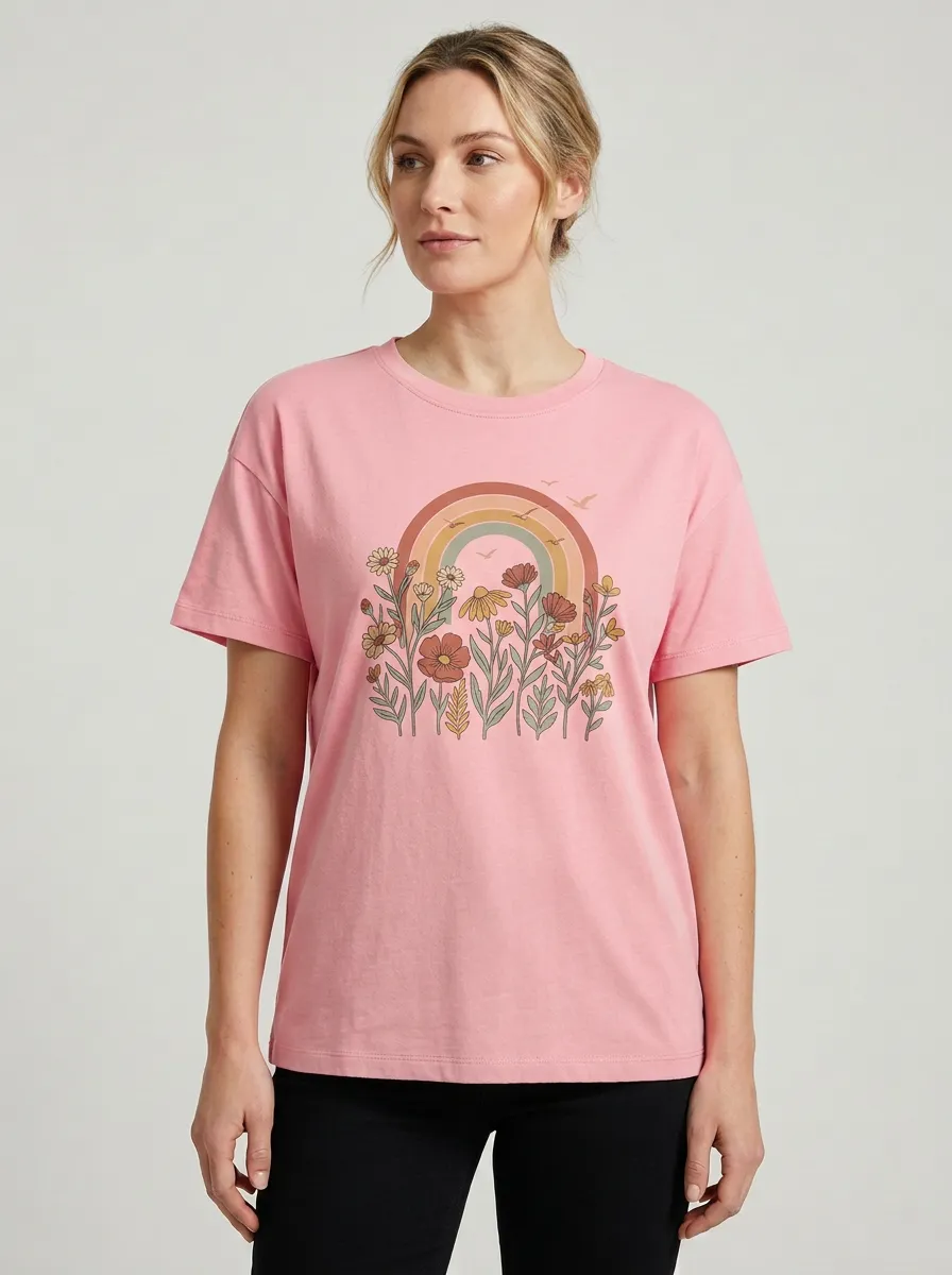 Women's Retro Rainbow Floral Graphic Crewneck T-Shirt