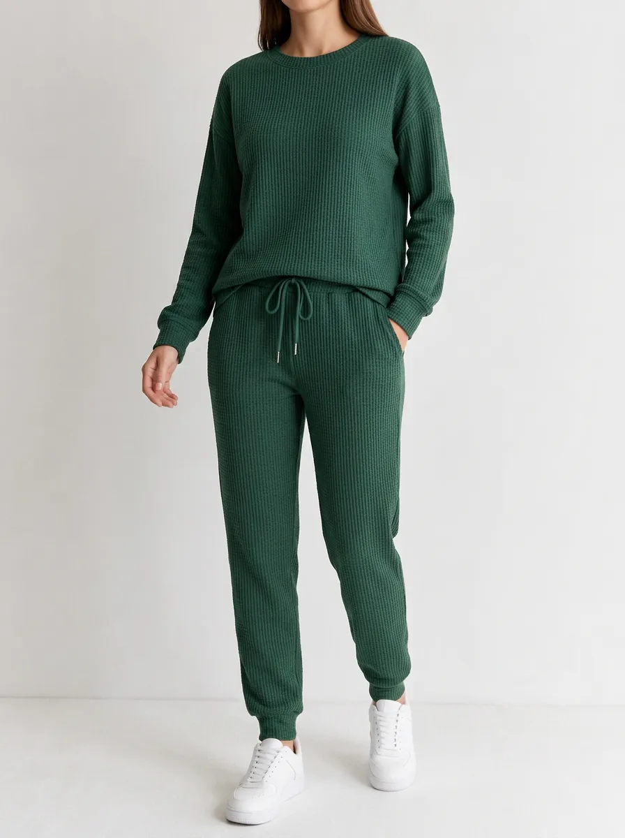 Unisex Green Waffle Knit Solid Color Long Sleeve Top