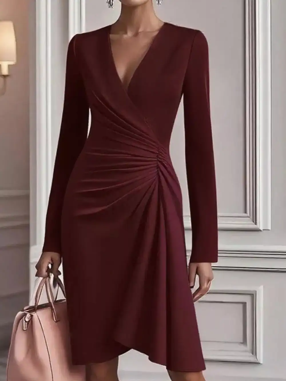 Gathered Detail Ruched Long Sleeve Mini Dress
