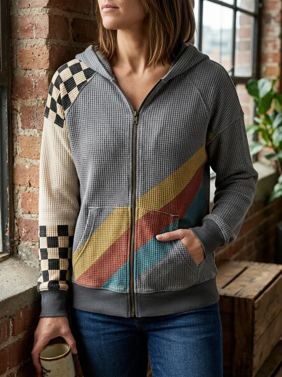 Women's Retro Checkerboard Striped Waffle Knit Printed Hoodie