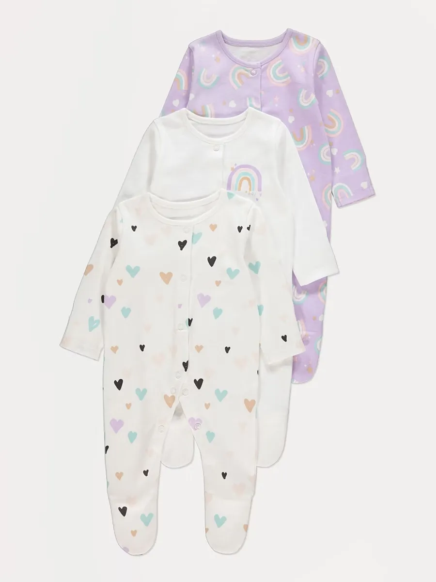 Pastel Heart Rainbow Sleepsuits 3 Pack
