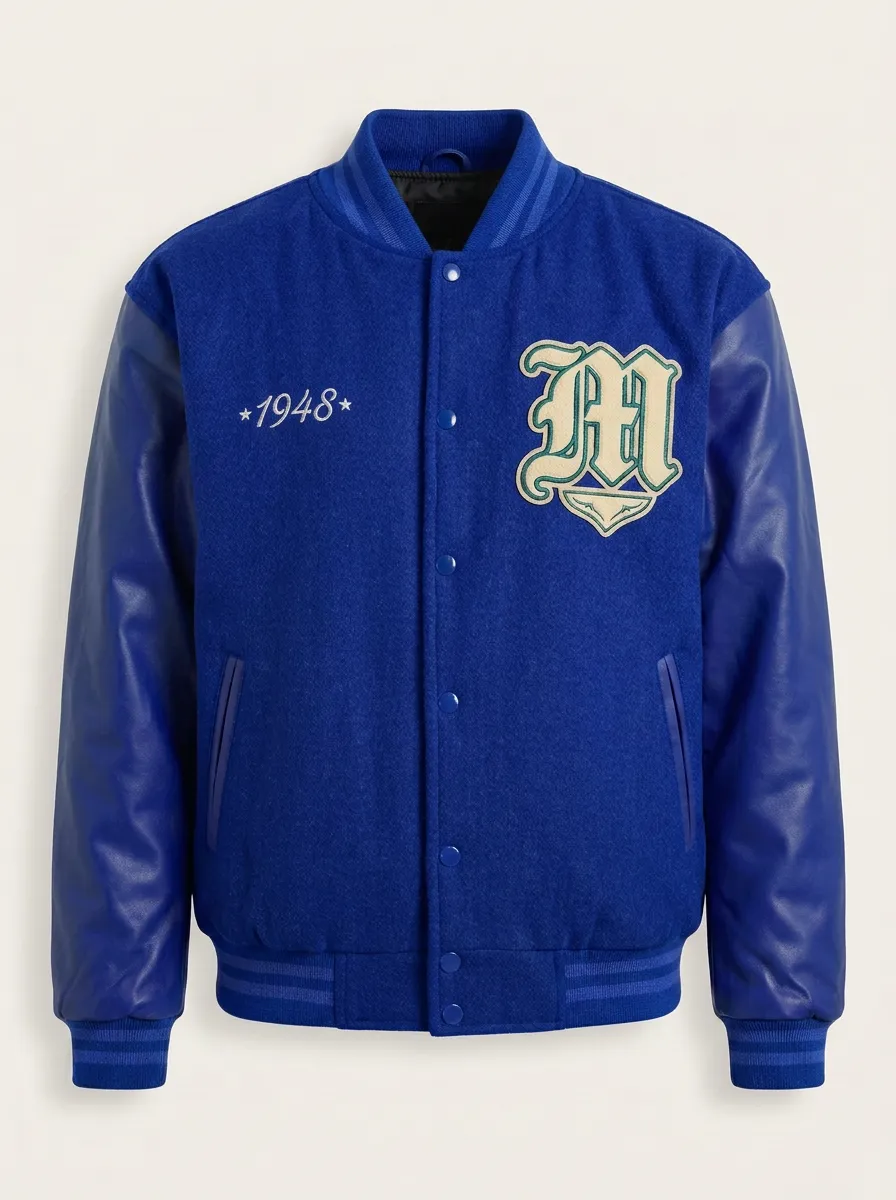 Men's Letter M 1948 Leather-Sleeve Wool Baseball Jacket
