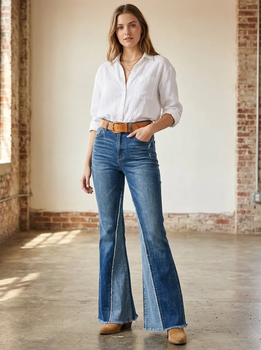 Women's Casual Fashion Two-Tone Distressed Denim Flare Pants