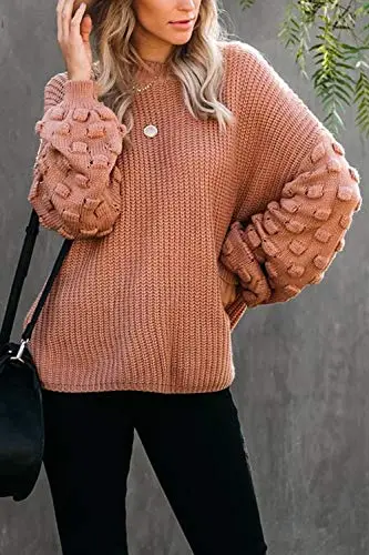 Women's Cute Oversized Crewneck Loose Puff Sleeves Chunky Knit Pullover Sweater