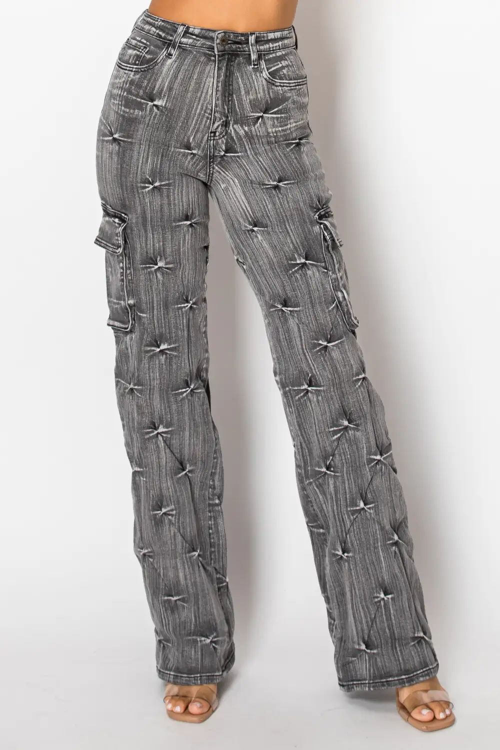 High-Rise Straight-Leg Distressed Cargo Jeans