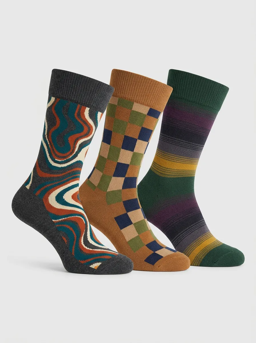 Men's Retro Abstract Checkered Striped Printed Three-Pack Socks