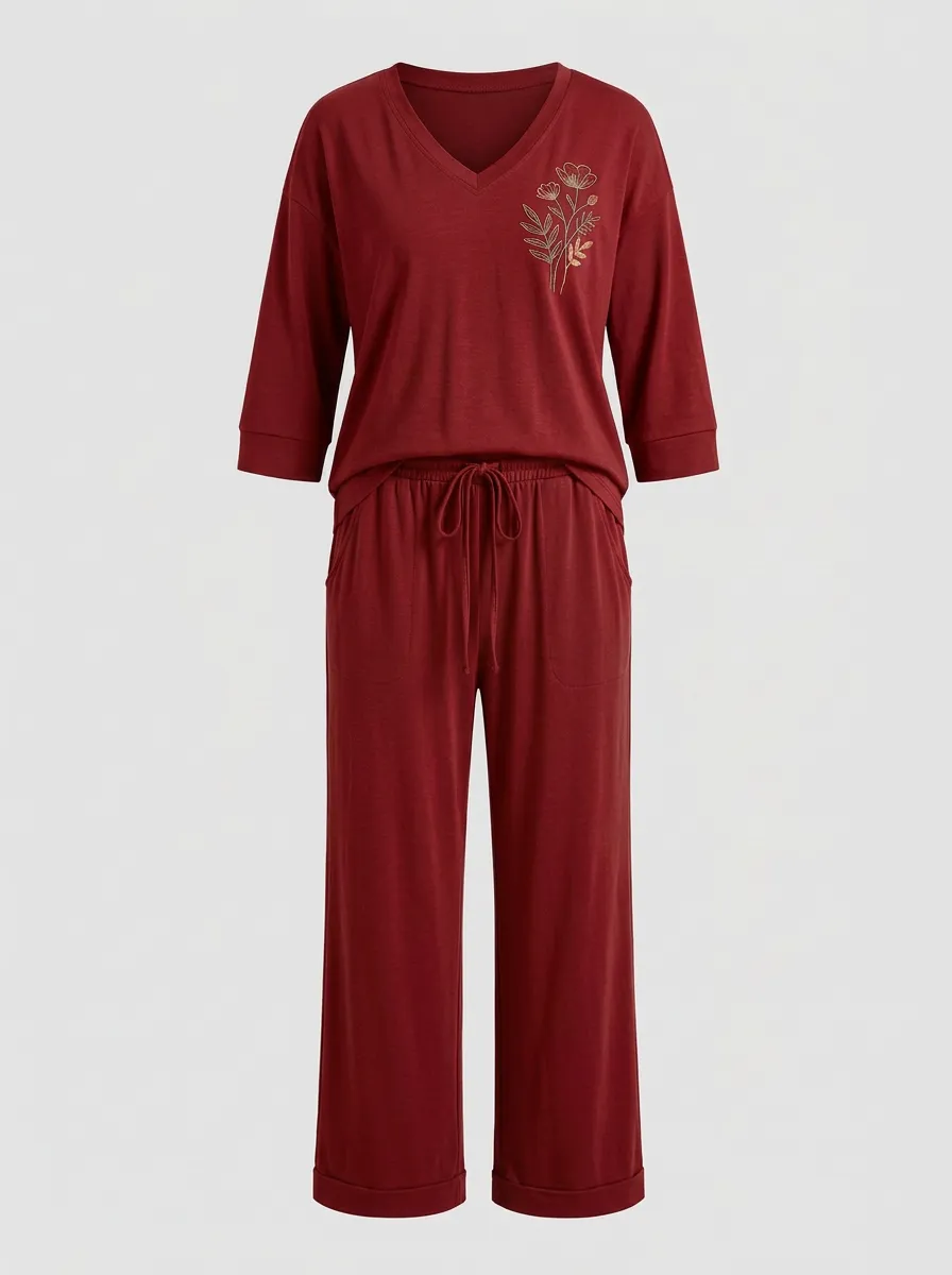 Women's Floral Embroidered V-Neck Top And Drawstring Straight-Leg Trouser Lounge Set