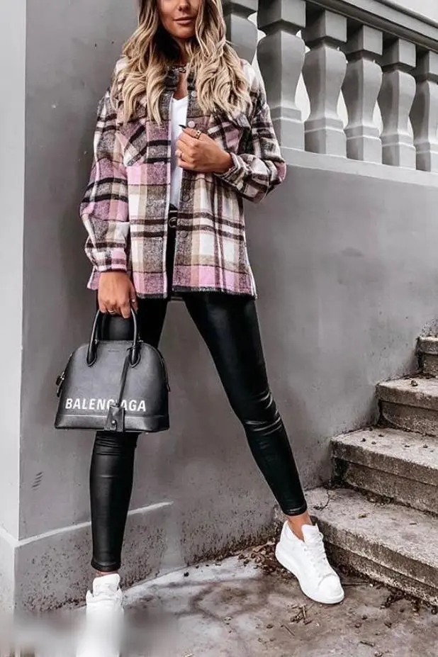 Casual Lapel  Button Plaid Pocket Coat