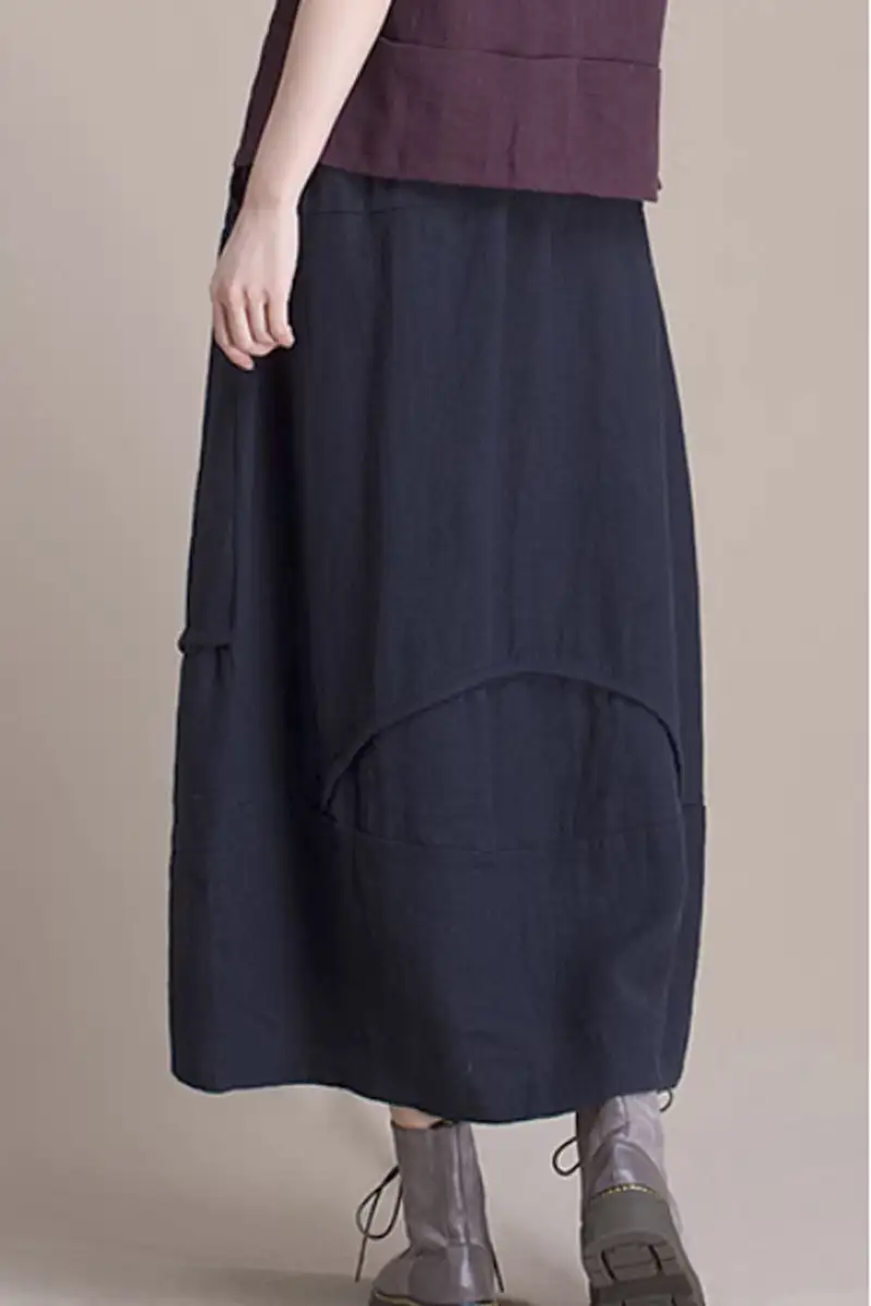 Patchwork Linen Blend Bubble Elastic Waist Midi Skirt