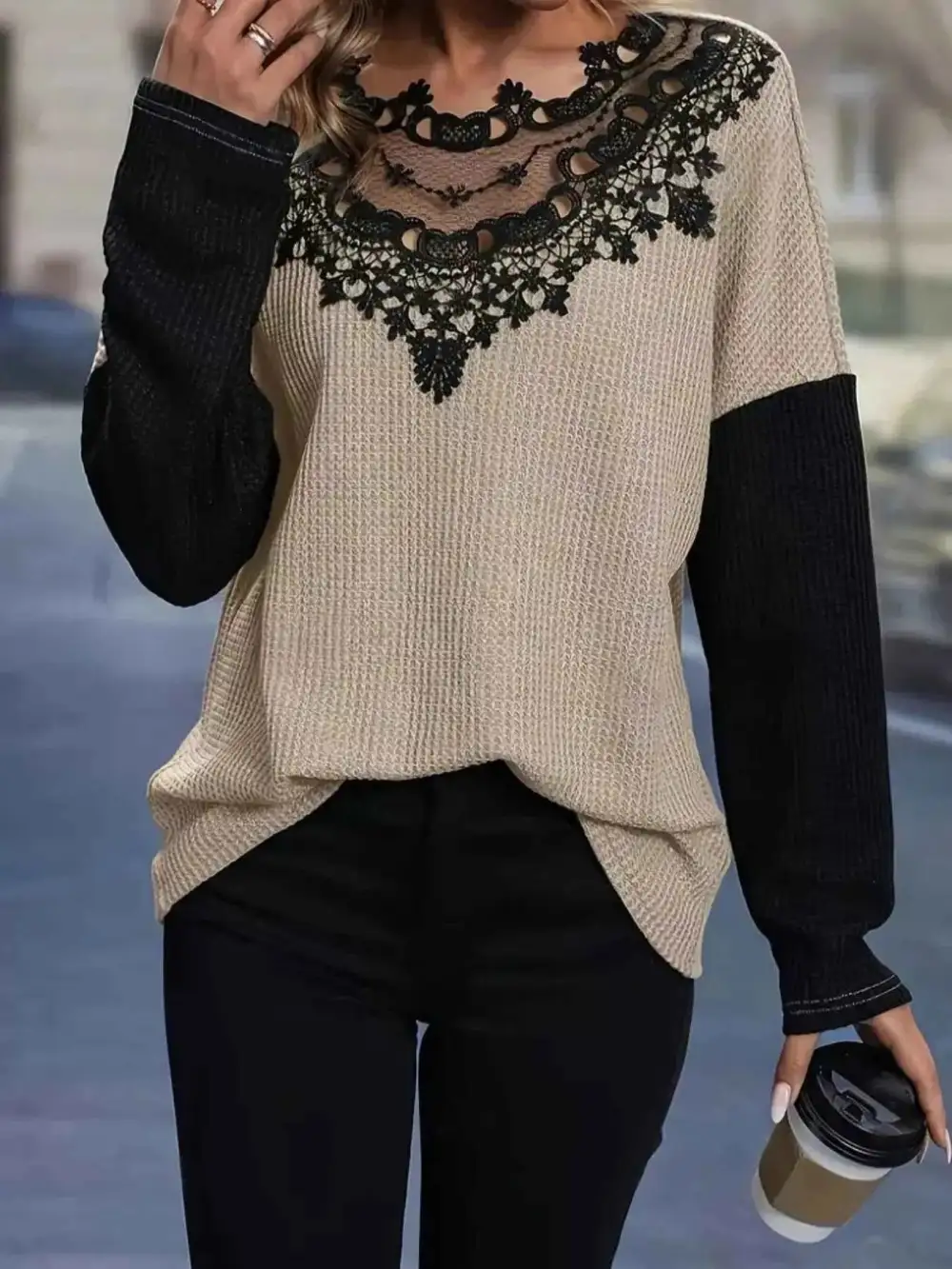 Lace Detail Block Long Sleeve T-Shirt
