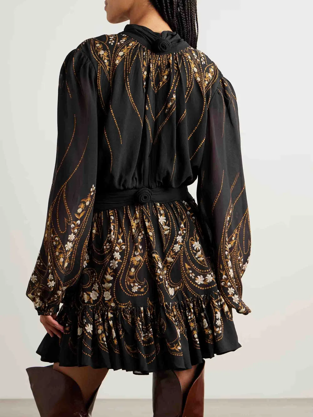 Tie Neck Printed Chiffon Flowy Mini Dress