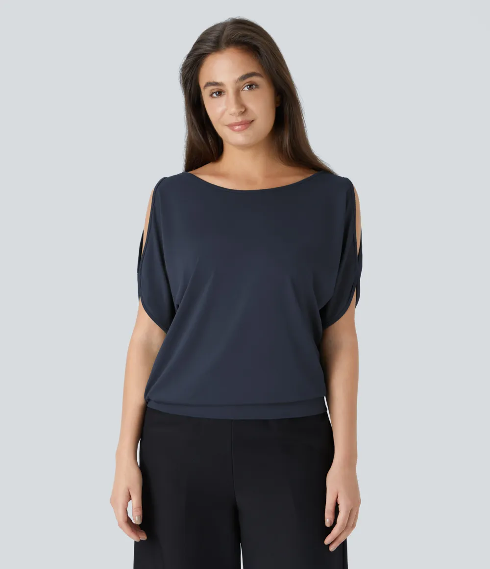 Boat Neck Short Sleeve Cut Out Casual T-Shirt