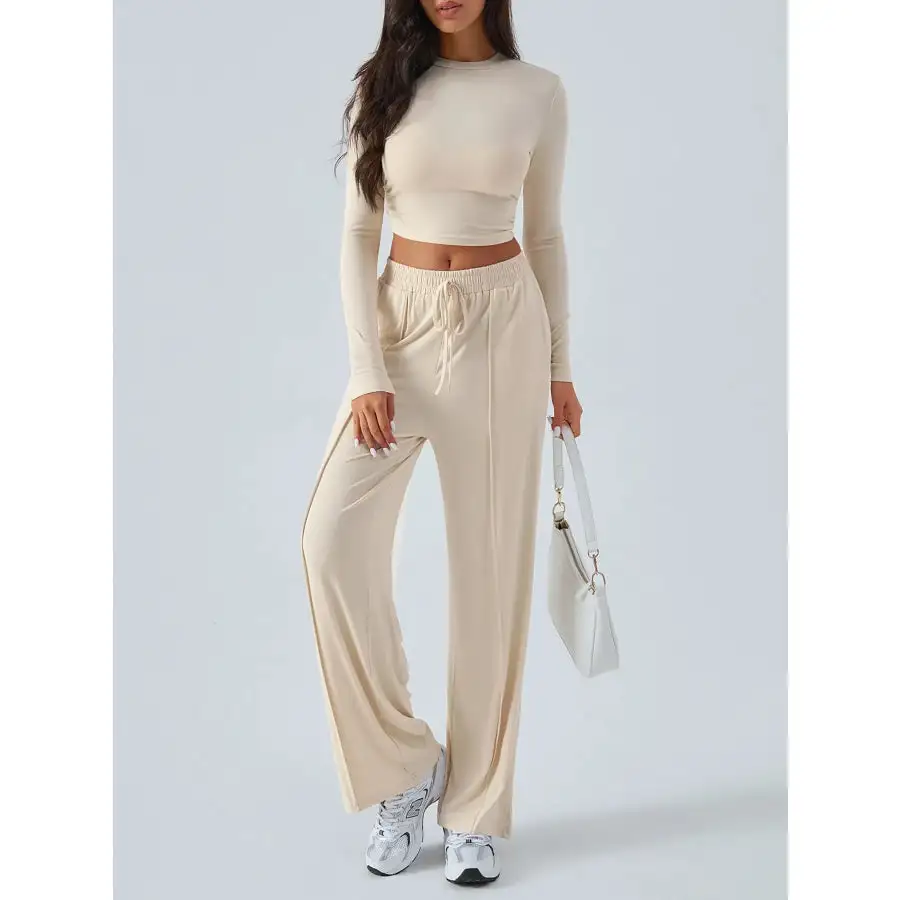 Easy Round Neck Long Sleeve Top and Pants Set