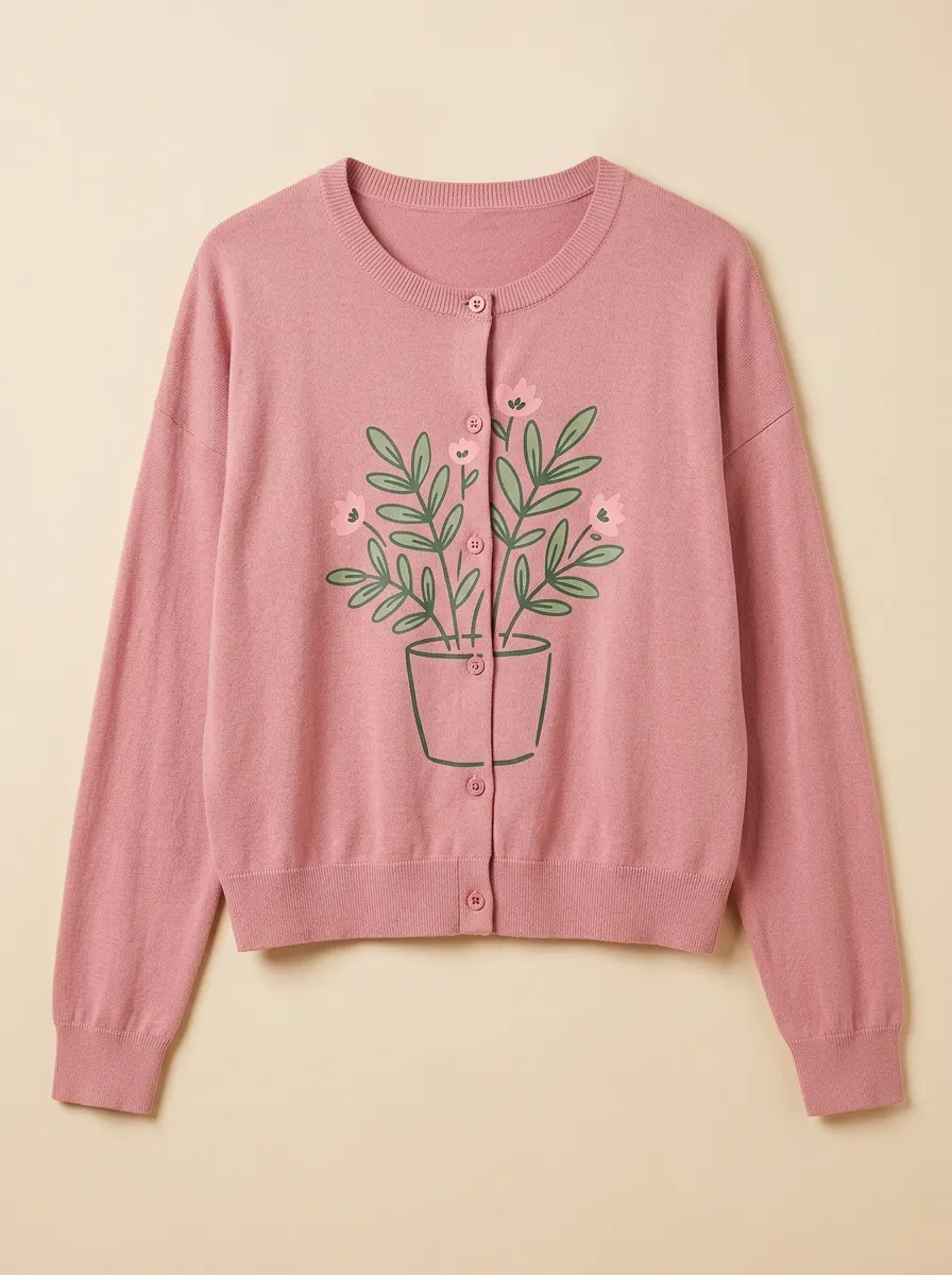Women's Crew-Neck Graphic-Print Floral-Motif Cardigan