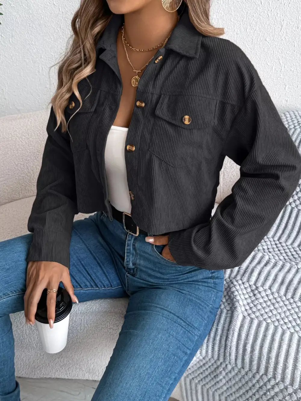 Corduroy Button-up Dropped Shoulder Jacket
