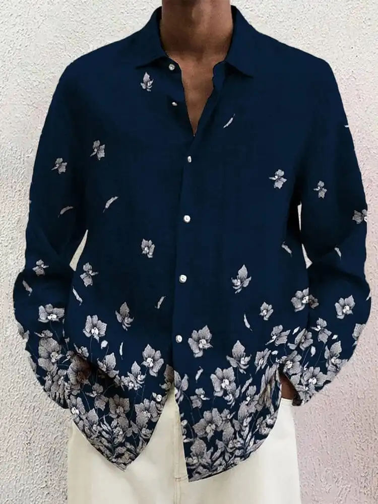 Open Collar Cotton Linen Printed Shirt