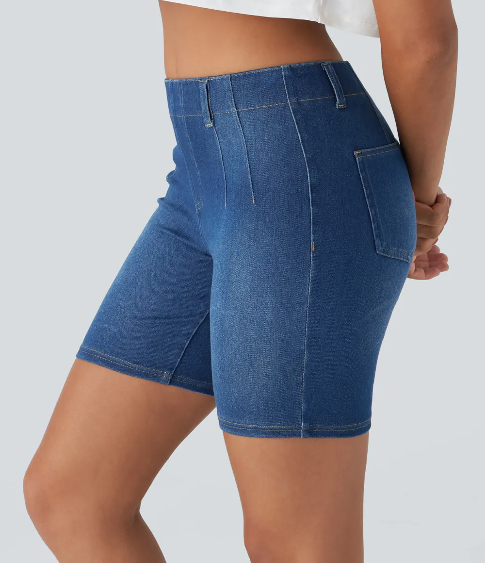 Magic Mid Rise Back Pockets Skinny Cool Touch Washed Stretchy Knit Denim Casual Shorts