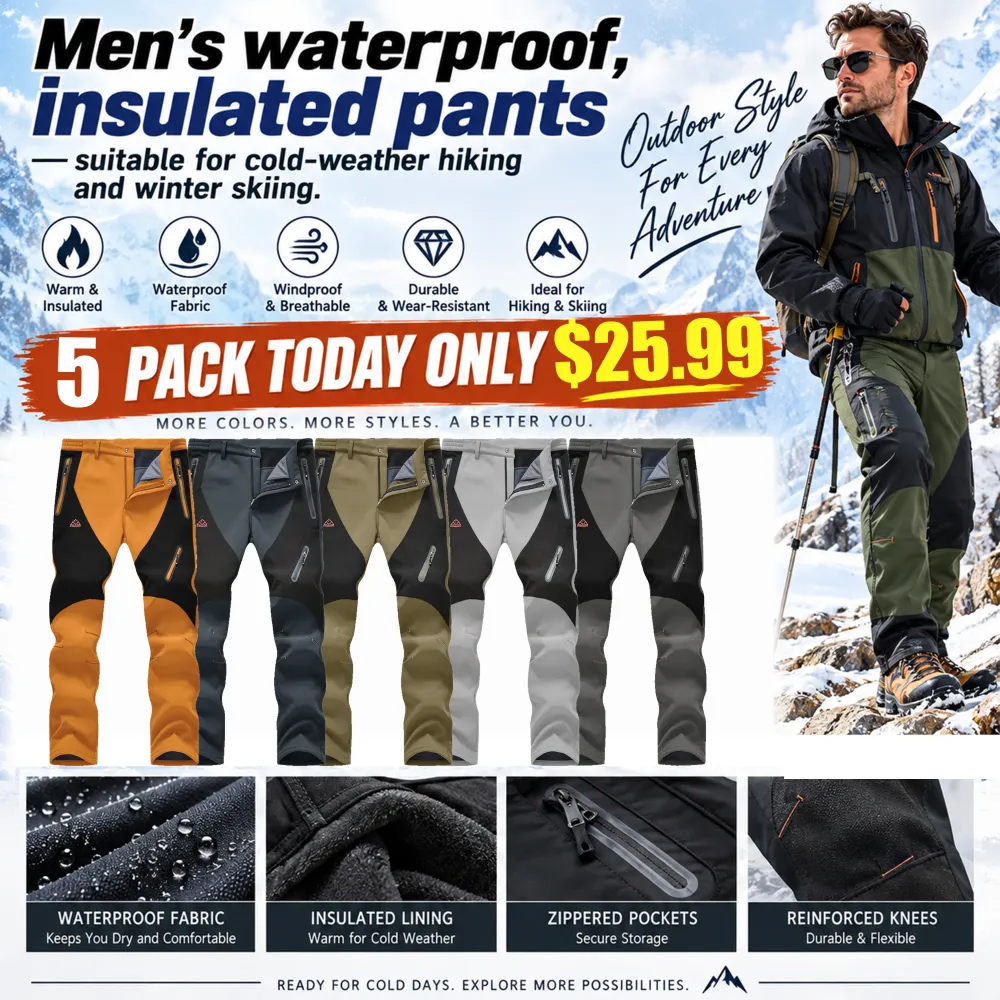 Men's waterproof, insulated pants—suitable for cold-weather hiking and winter skiing.