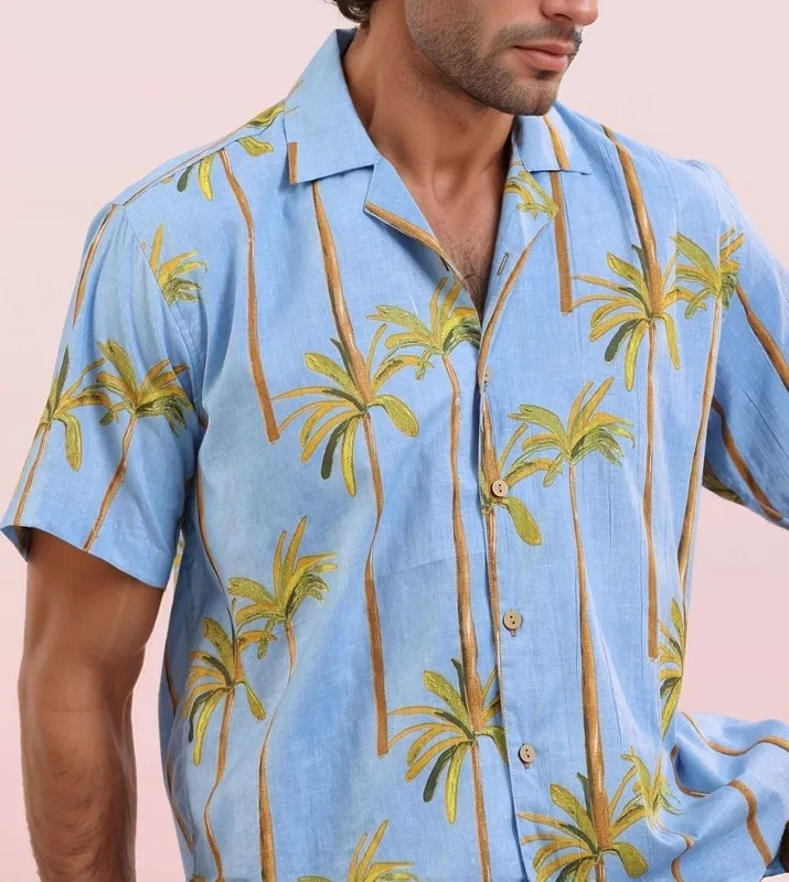 Blue Palm Mulmul Cotton Camp Collar Shirt