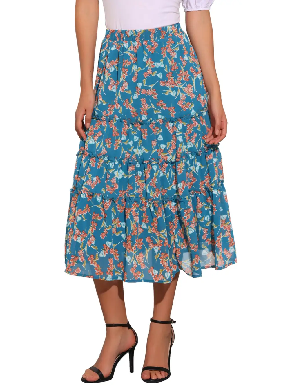 Chiffon Floral-Print Long Tiered Ruffle Boho Midi Skirt