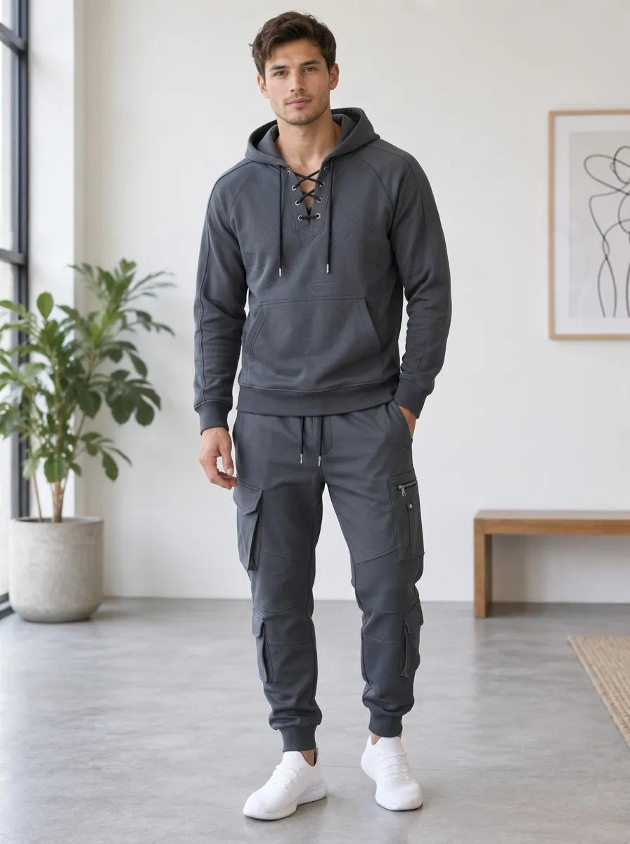 Trail-Inspired Lace-Up Multi Pocket Relaxed Look Men's Lace Up Hoodie And Cargo Jogger Set
