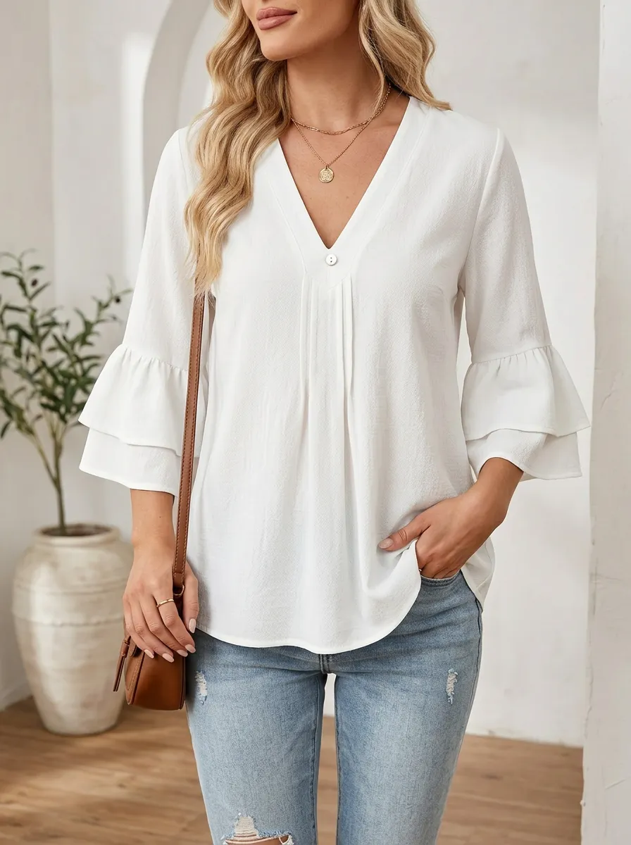 V-Neck Layered Ruffle Sleeve Blouse