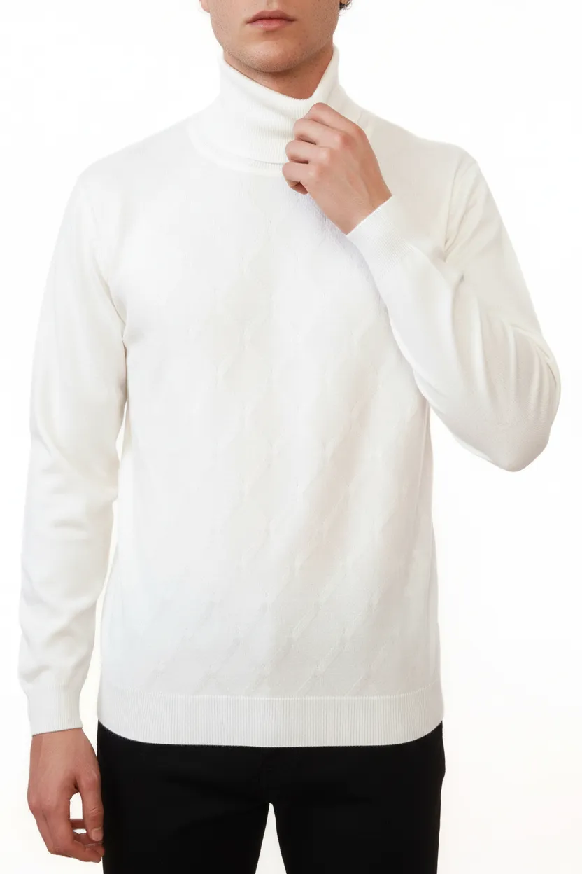 Classic Diamond Pattern Regular Fit Viscose Turtleneck Sweater