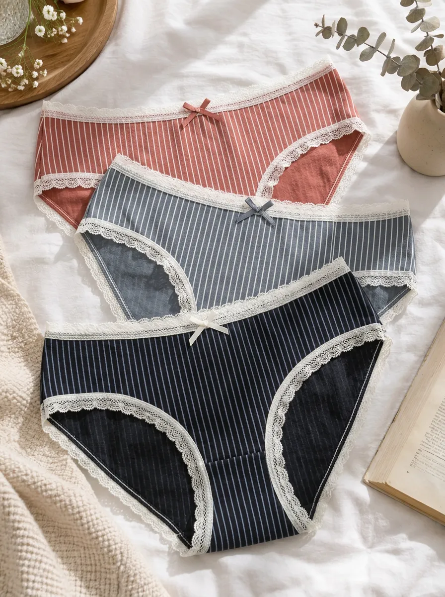 Women's Lace Trim Striped Bow Detail Printed 3-Pack Panty Set