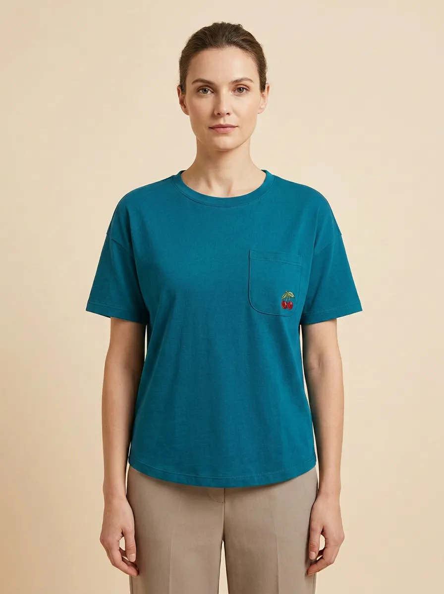 Women's Cherry Relaxed Embroidered Pocket Crewneck T-Shirt