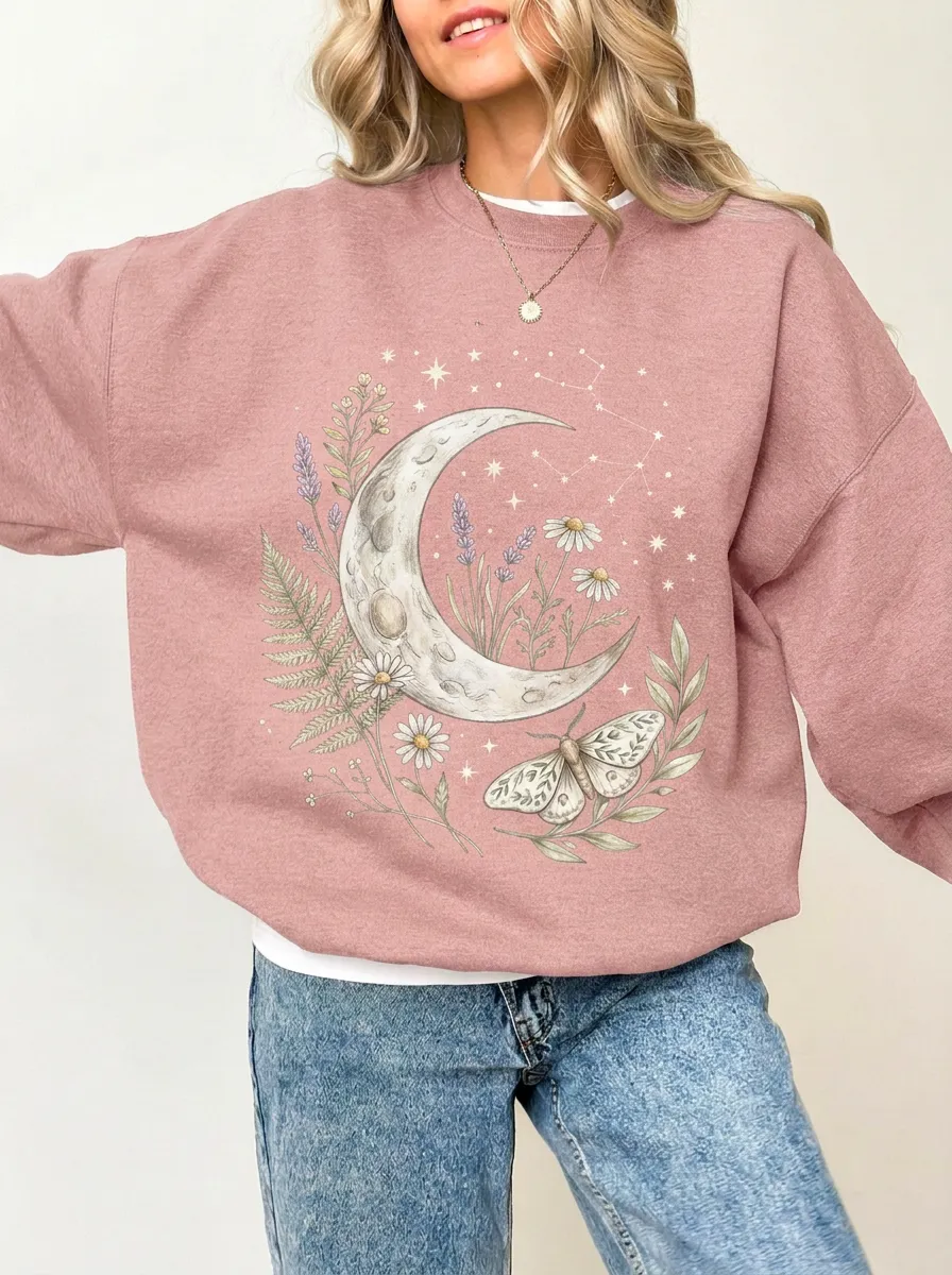 Women's Charcoal Celestial Moon Moth Floral Crewneck Sweatshirt