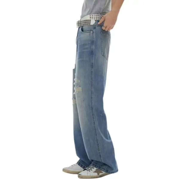 Straight Leg Distressed Ripped Denim Jeans
