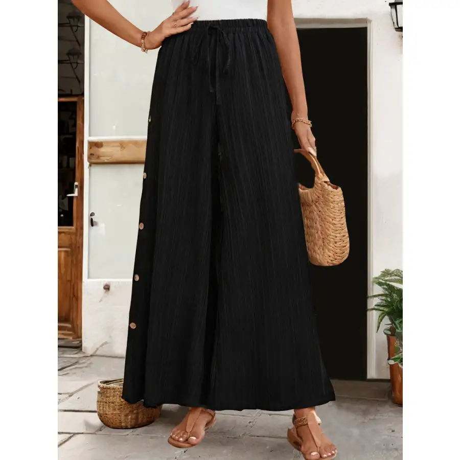 Casual Tied Slit Wide Leg Pants