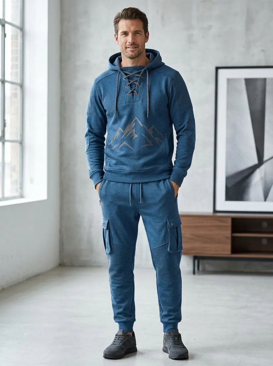 Daily Lace-Up Mountain Graphic Relaxed Look Men's Lace Up Hoodie And Cargo Jogger Set