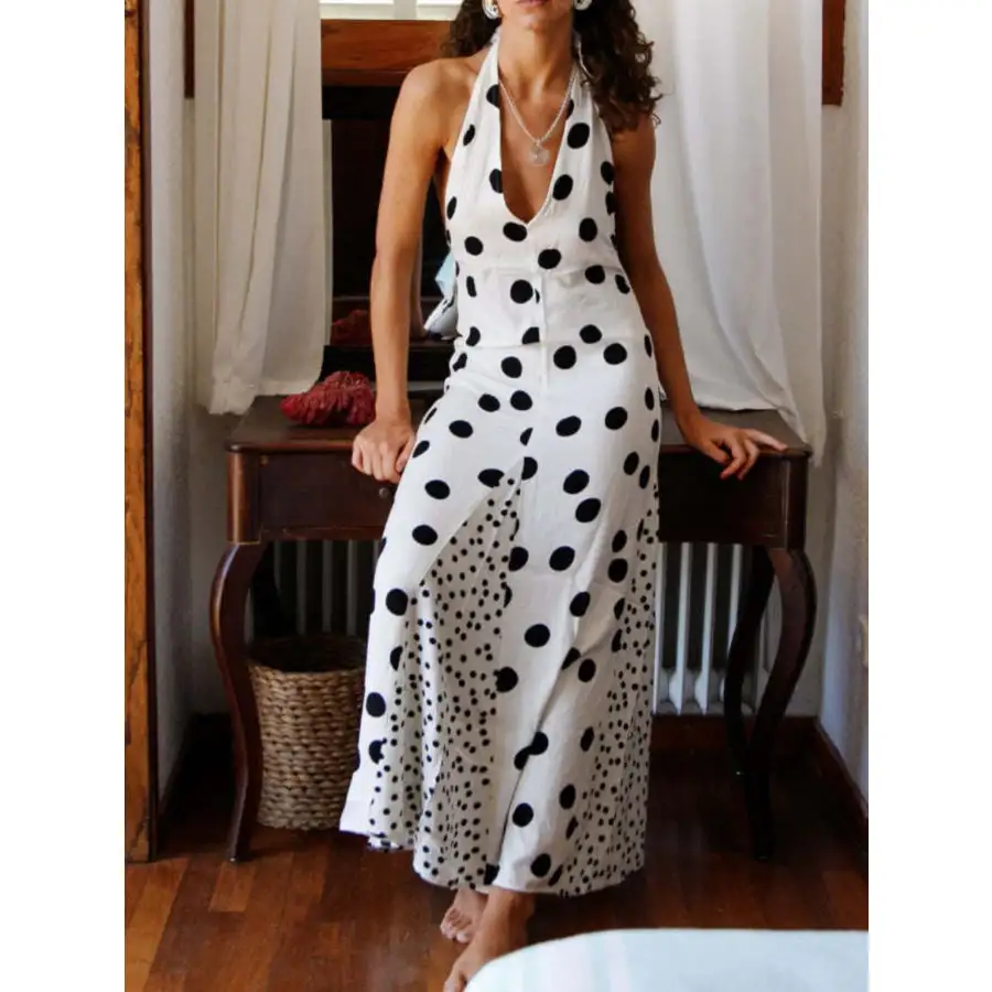 Backless Halter Neck Polka Dot Maxi Dress