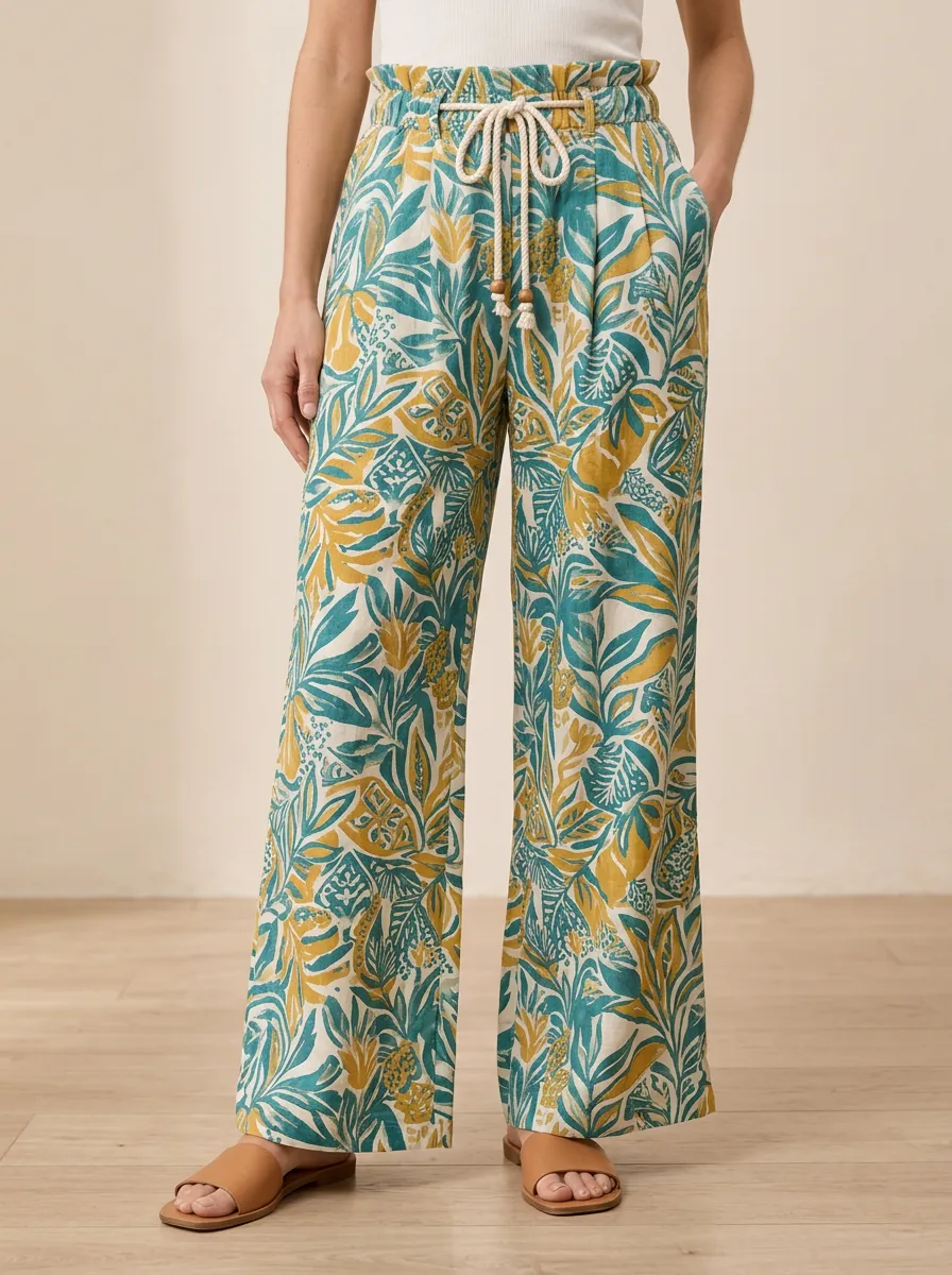 Women's Tropical Inspired Modern Botanical Printed Wide Leg Pants