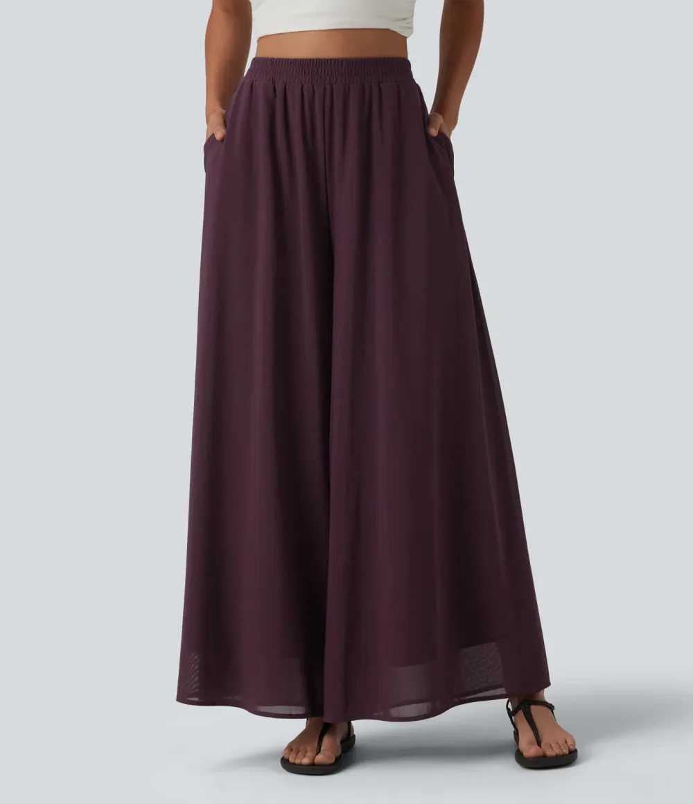 High Waisted Pocket Mesh Overlay Wide Leg Casual Pants