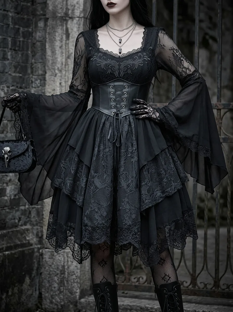 Women's Gothic Victorian Lace Corset Bell Sleeve Mini Dress