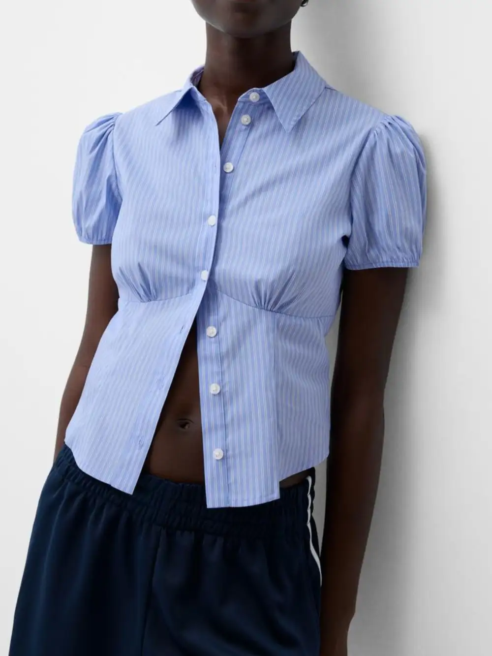 Puff-Sleeve Striped Buttoned Shirt