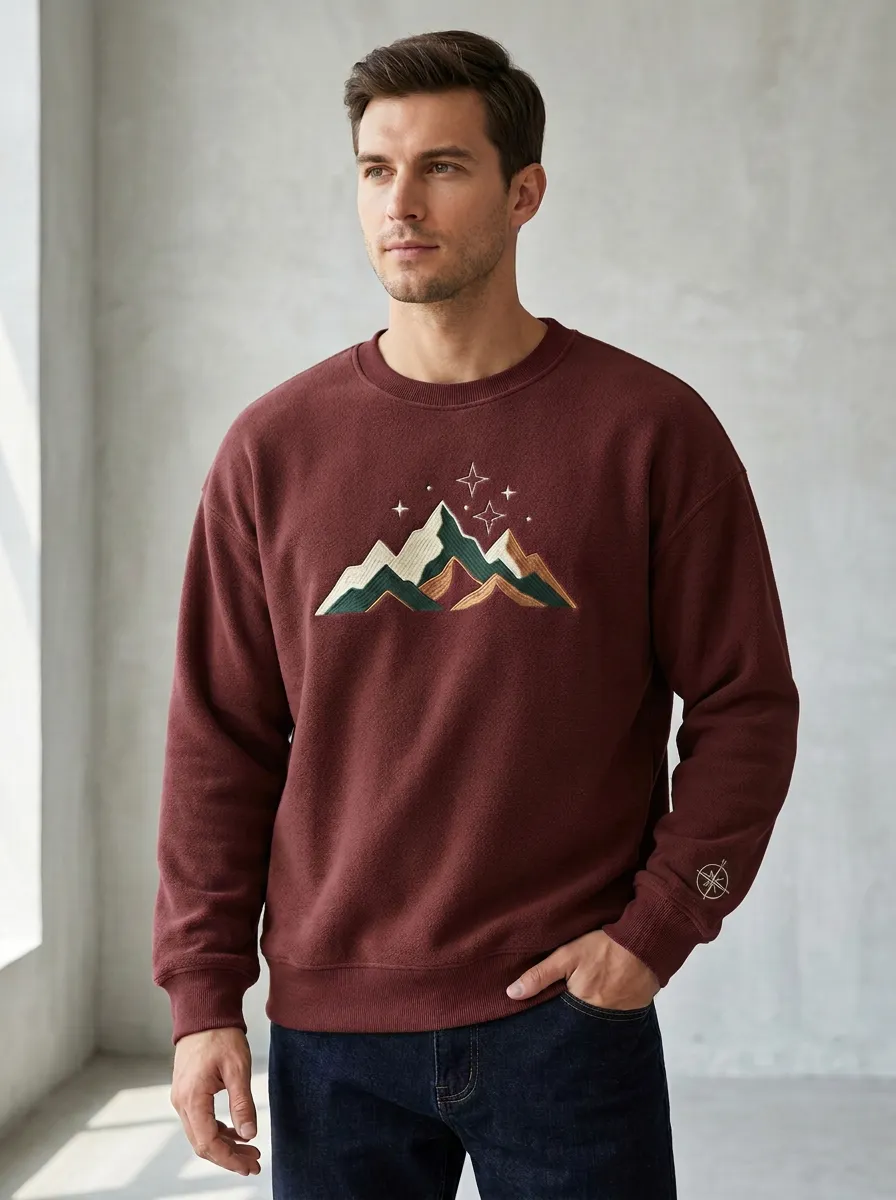 Men's Olive Green Outdoor Mountain Stars Fleece Sweatshirt