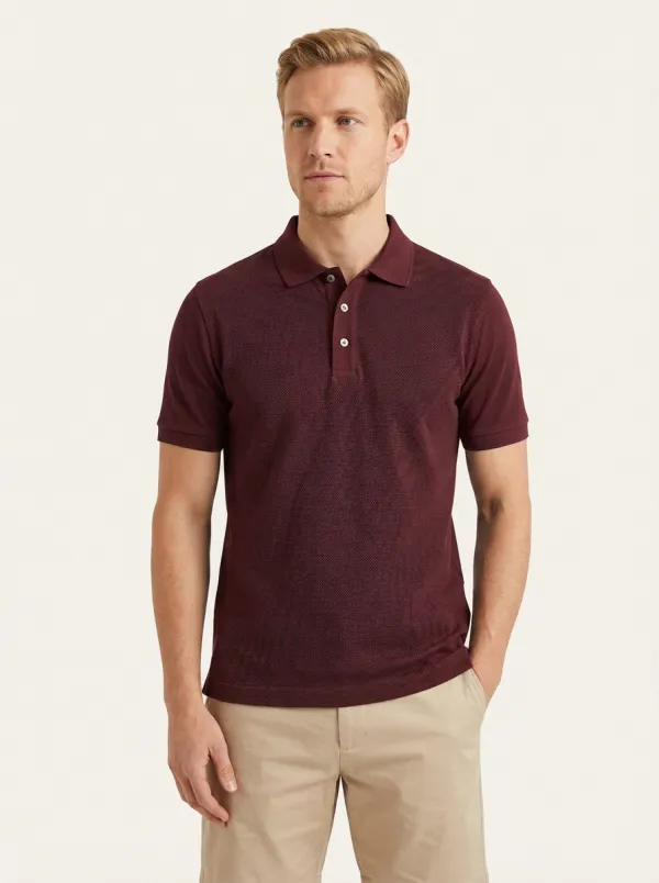 Men's Navy Blue Textured Knit Casual Polo Shirt