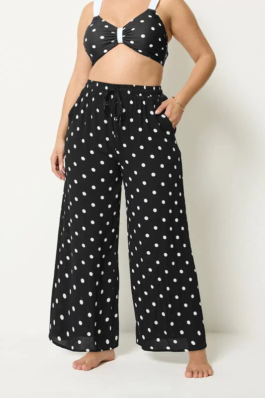 Black Polka Dot Crinkle Beachwear Wide Leg Trousers detail 1