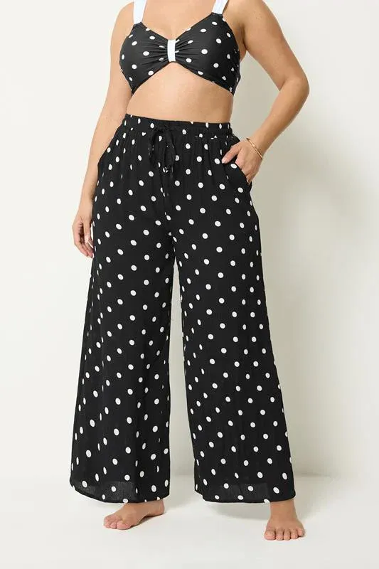 Black Polka Dot Crinkle Beachwear Wide Leg Trousers