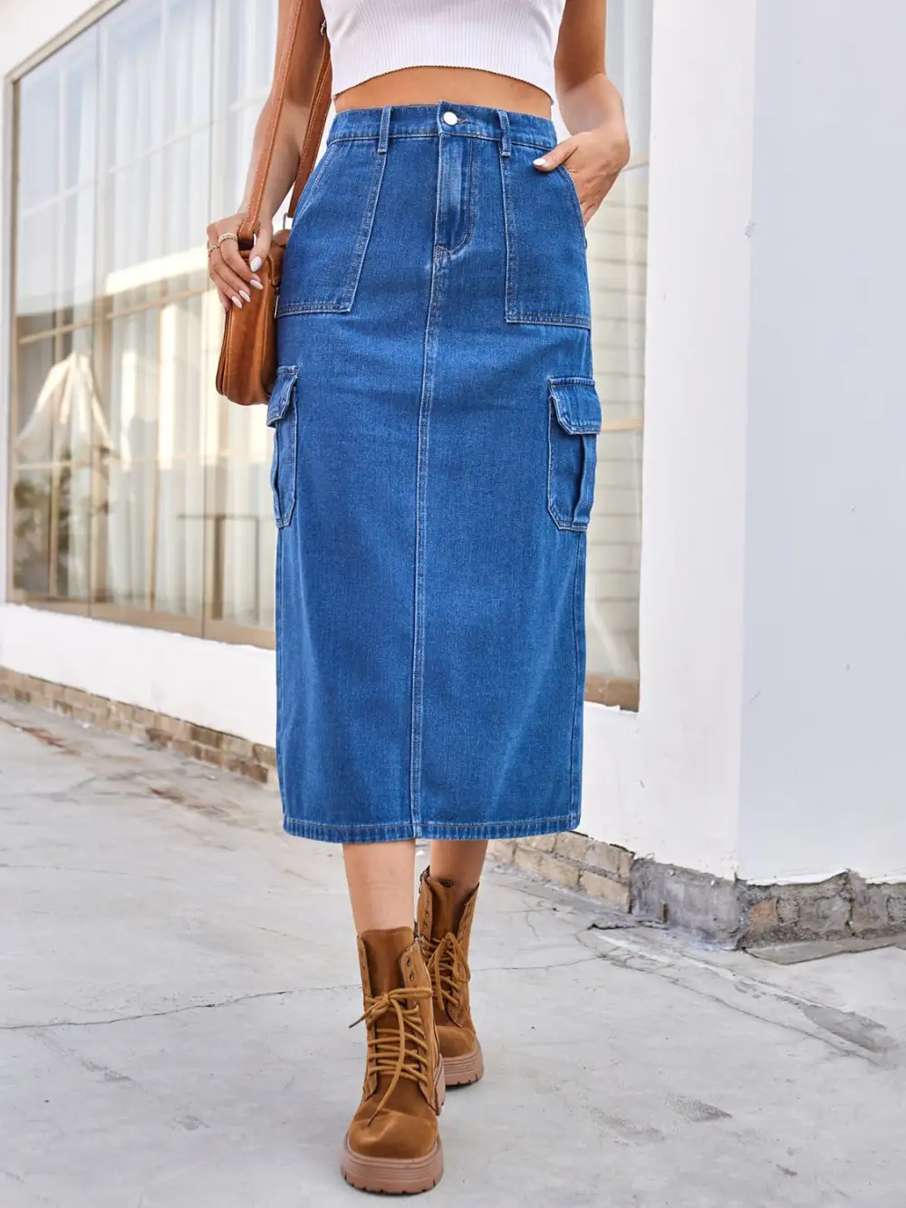 Slit Midi Denim Pockets Skirt