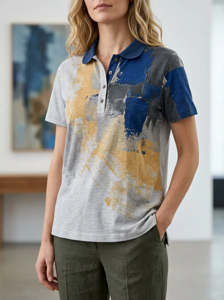 Women's Refined Abstract Art Brushstroke Polo Shirt